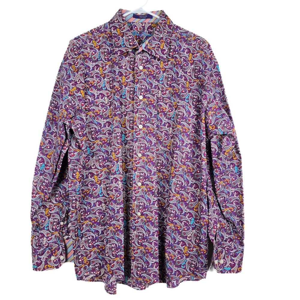 Alan Flusser Mens Purple Paisley Cotton Button Down Shirt‎ Long Sleeve XL